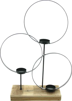 Produktbild von Windlicht Ringe Metall schwarz Holz Sockel 3 Gläser