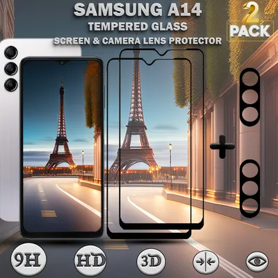 Produktbild von 2-Pack Samsung Galaxy A14 Displayschutzfolie und 2-Pack Objektivschutz aus 9H gehärtetem Glas