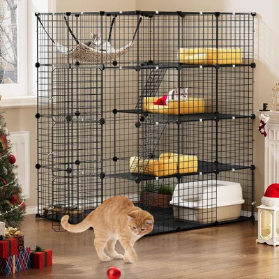 Produktbild von Großer Katzenren mit 4 Etagen und Hängematte - Abnehmbare Metalldrahtkäfig für kleine Tiere - Umzäunung für 1-4 Katzen - DIY Haustierkäfig