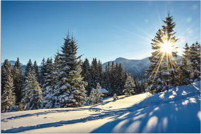Produktbild von ARTland Wandbild Alu für Innen & Outdoor Winterlandschaft mit Sonnenstern Größe: 90x60 cm