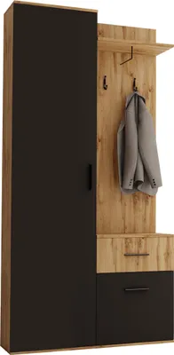 Produktbild von MIRJAN24 Garderoben-Set Rio, Kompaktgarderobe mit Kleiderhänger, Schuhschrank, Wandgarderobe (Farbe: Wotan / Schwarz, ohne Spiegel)