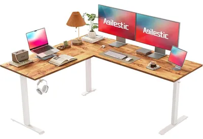 Productafbeelding van L-vormig verstelbaar bureau, 160 x 140 cm, elektrisch, hoekbureau, zit-sta bureau, lichtbruin