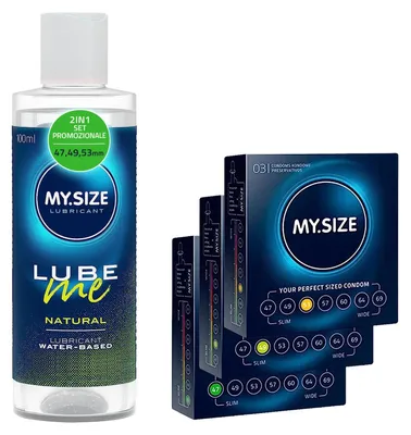 Obrázok produktu pre MY.SIZE Kondóm + lubrikant, sada s 100 ml Lube Me Natural a 3x3 kondómami 47, 49, 53 mm | Lubrikant na vodnej báze | Lubrikantový gél Vhodný pre hračky a latexové kondómy