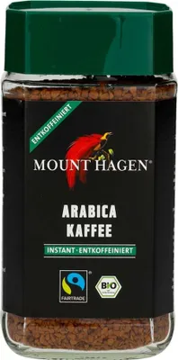 A jar of instant decaffeinated Arabica coffee.