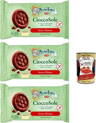 Produktbild von Mulino Bianco Biscotti Cioccosole, kekse mit Reis und Schokoladenchips, Gluten -freie, ideal zum Frühstück oder Snacks, biscuits ohne Palmöl, gluten free 3x 250 g + Italian Gourmet polpa 400g
