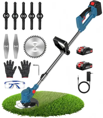 Produktbild von Akku-Rasentrimmer, Elektrischer Rasenschneider mit 2 Batterie und Ladegerät, 90° Trimmwinkel, Teleskop-Stiel & Zusatzhandgriff, Dunkelblau