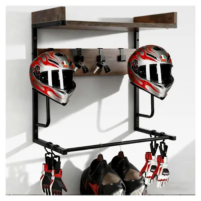 Produktbild von Motorradhelmhalter aus Eisenholz - Zahnradregal mit 4 Haken und Klammern