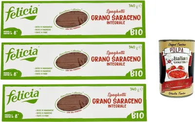 Produktbild von Felicia Spaghetti di Grano Saraceno Integrale,Pasta mit 100% Buchweizen, Natürlich Glutenfrei,Packung mit 3x 340g + Italian Gourmet Polpa di Pomodoro 400g Dose