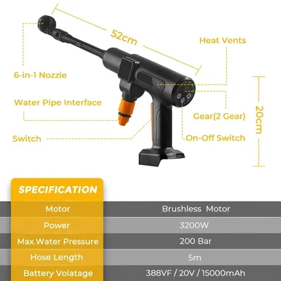 Obrázek produktu pro Akumulátorový vysokotlaký čistič - Elektrická čisticí pistole - 200 bar - 21 V - 2 baterie - Vhodný pro mytí aut a zavlažování zahrady