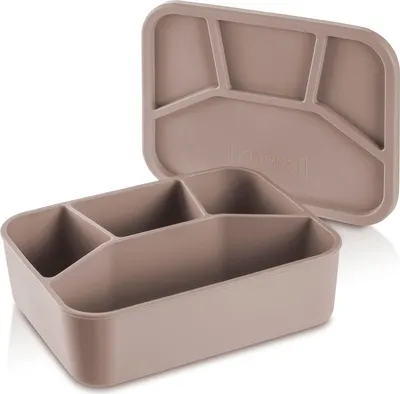 Immagine prodotto di Scatola per il pranzo grande - 4 scomparti (1240 ml), contenitore/barattolo per la conservazione in silicone 100% platino, materiale antistrappo, resistente al calore e al freddo, ermetico, lavabile in lavastoviglie (beige)