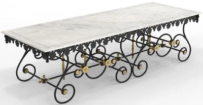 Produktbild von Casa Padrino Jugendstil Gartentisch Weiß / Schwarz / Messing 270 x 100 x H. 75 cm - Nostalgischer Schmiedeeisen Garten & Terrassen Tisch mit Marmorplatte - Jugendstil Garten & Terrassen Möbel