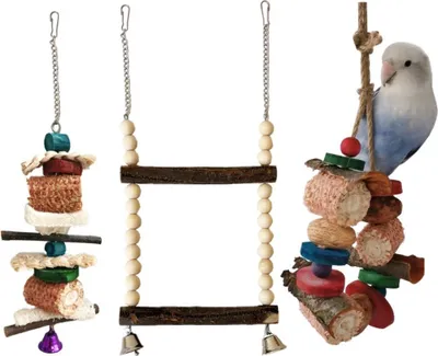Produktbild von 3PCS Vogel Sittich Spielzeug Set, Papagei Käfig Zubehör Vögel Hölzerne Stehende Sitzstange, Klettern Schaukel Und Kauen Zeug