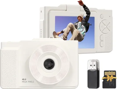 Produktbild von 1080P-Digitalkamera fuer Kinder, digitale Videokamera, 48 MP, 2,8 Zoll, drehbarer IPS-Bildschirm, Autofokus, 16-facher Zoom mit LED-Fuelllicht, 32 GB TF-Karte, USB-Kartenleser, Geburtstags- und Weihnachtsgeschenk fuer Teenager, Studenten, Freunde