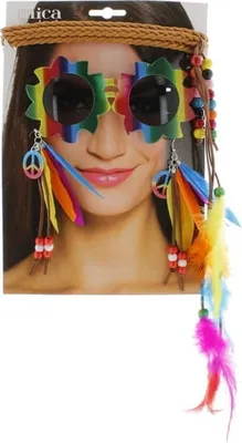 Produktbild von Hippie Kostüm-Set 4-teilig für Erwachsene Einheitsgröße mit Stirnband und Brille