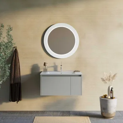 Immagine prodotto di Mobile bagno 80cm beige sabbia con specchio tondo illuminato led | Monaco