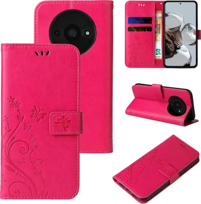 Produktbild von Handyhülle für Xiaomi Redmi A3 Floral Blumen Schmetterling Flip Cover Hülle Case Klapphülle Handytasche Farbe: Pink