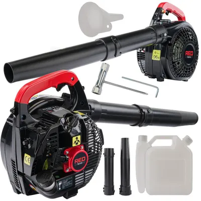A collection of leaf blower parts and accessories, including two leaf blowers, a funnel, a wrench, and two plastic containers.