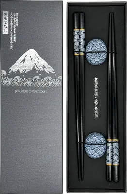 Produktbild von Eetstokjes aus hochwertigem Holz - Sushi Geschenkeset - 2 Paare inklusive keramischen Untersetzern - Asiatisch Japanisch Chinesisch Koreanisch - Schwarz mit Box
