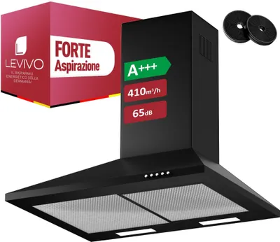 Immagine prodotto di LEVIVO A+++ cofano aspirante 60cm ricircolo e scarico dell'aria con 410 m³/h, cofano aspirante con 2 filtri a carboni attivi, 2 filtri antigrasso, cofano a parete a 3 livelli