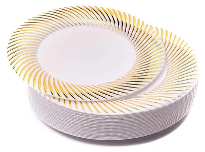 Produktbild von 20 weiße Dessertteller aus Kunststoff mit goldenen Rand für Hochzeiten, Geburtstage, Weihnachten und Partys, 18 cm - wiederverwendbar und stabil