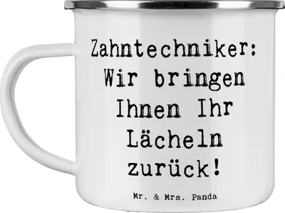 Produktbild von Mr. & Mrs. Panda Teetasse Spruch Zahntechniker Lächeln - Weiß - Geschenk, Zahnersatz, Haferl, Berufsalltag, personalisierte Geschenke, Pott, Teebecher, Emaille Tasse