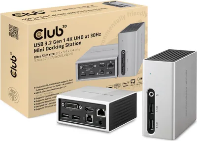 Obrázek produktu pro CLUB3D SenseVision USB 3.0 4K UHD Mini Docking Station, Kabel, USB 3.2 Gen 1 (3.1 Gen 1) Type-A, 3,5 mm, 10,100,1000 Mbit/s, Černá, Stříbrná, 3840 x 2160 px
