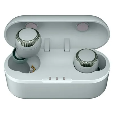 A pair of wireless earbuds in their charging case.