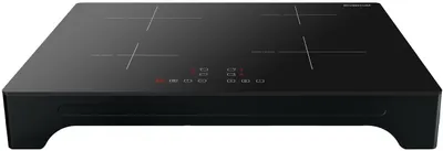 A black induction hob with four cooking zones and a digital control panel.