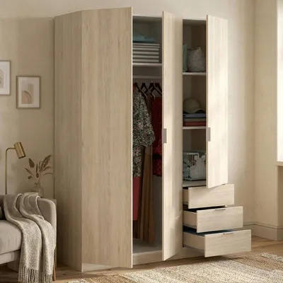 Produktbild von Kleiderschrank Dbarro, Garderobe für Schlafzimmer, Kleiderschrank mit 3 Flügeltüren und 3 Schubladen, 121x52h184 cm, Eiche