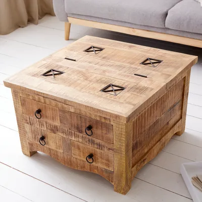 Produktbild von riess-ambiente Massiver Couchtisch IRON CRAFT 70cm Mangoholz Truhe mit Schubladen Stauraum Beistelltisch Tisch
