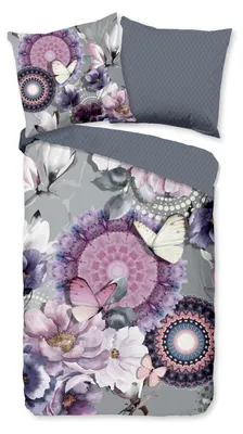 Produktbild von Hip Renforcé Bettwäsche - Ella - Mandalas, Blumen, Schmetterlinge, grau, lila 135 x 200 cm lila Mandalas mit Blumen und Schmetterlingen, grau