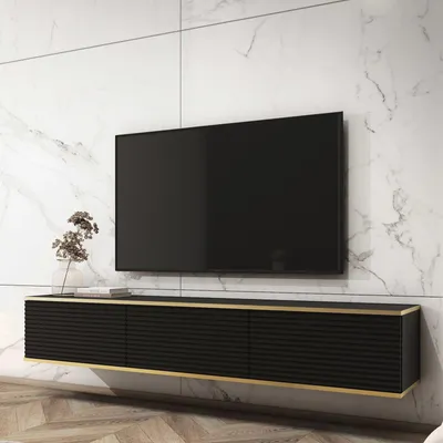 Productafbeelding van Wandmeubel FORNO, zwart, met geribbelde voorkant, Glamour Art Deco stijl, 175 cm