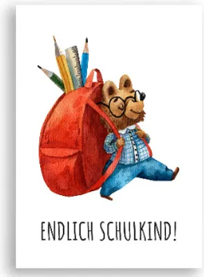 Produktbild von Friendly Fox Karte zur Einschulung, 1x Einschulungskarte DIN A6, Klappkarte alles Gute zum Schulanfang Endlich Schulkind, kleiner Bär