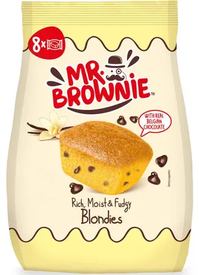 Produktbild von Mr. Brownie Blondies, Keks, Vanillin, Schokolade, Eier, Weizen, Soja, Quadratisch, Palmöl, Künstliche Farbe, Künstliches Aroma, 474 kcal