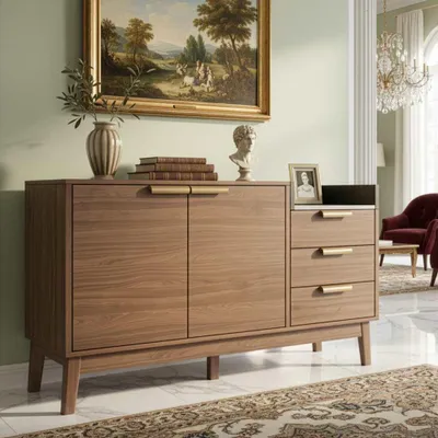 Image de Commode moderne en chêne avec plateau effet marbre, compartiments ouverts, armoire à double porte réglable en hauteur & tiroirs, facile à robotiser - H77/B120/T40 cm