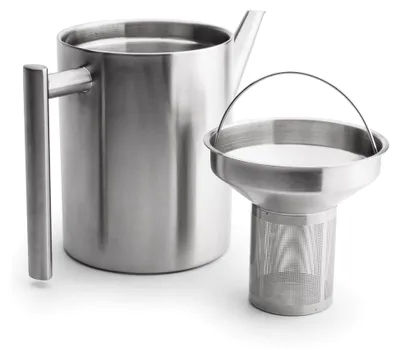 Produktbild von Doppelwandige Edelstahl-Teekanne 1,2 Liter mit klassischem Teebereiter und Holzuntersetzer