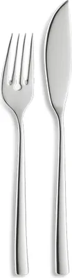 A fork and knife set on a white background.