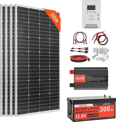 Obrázek produktu pro Kompletní solární systém VEVOR 800W, off-grid systém, včetně 4 solárních panelů monokrystalických 200W, 12,8V, 300Ah, baterie LiFePO4, 60A MPPT regulátoru nabíjení a 12V, 2000W měniče, fotovoltaický off-grid systém pro domácnost