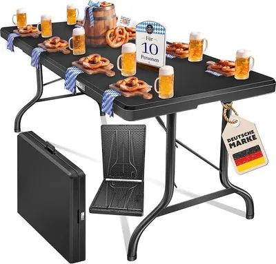 Imagen del producto de Mesa plegable tipo buffet, de plástico, 220x68 cm. Mesa para camping, fiestas, jardín, terraza y balcón. Se pliega para facilitar su transporte. Capacidad para 10 personas. Incluye funda y asa de transporte. Color: gris antracita