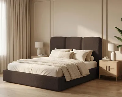 Zdjęcie produktu dla Łóżko tapicerowane 160x200 Mira boucle – łóżko z pojemnikiem na pościel i stelażem drewnianym, nowoczesne łóżko do sypialni, tkanina boucle – Brązowy