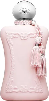 A pink perfume bottle with a silver cap and pink tassels.