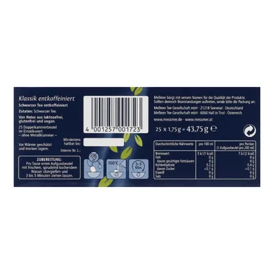 Obrázek produktu pro Meßmer Classic černý čaj bez kofeinu jemný aromatický 43g