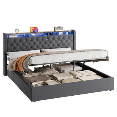 Produktbild von MODFU Boxspringbetten 180x200 mit Bettkasten,Doppelbett mit Stauraum-Kopfteil,Polsterbett mit LED und Steckdose,ohne Matratze,Dunkelgrau