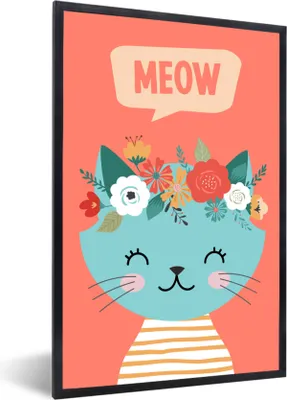 Produktbild von MuchoWow® Gerahmtes Poster Katze - Blumen - Blau 40x60 cm - Poster mit Schwarzem Bilderrahmen Wandposter Rahmen Foto Bilder - Papierdruck - Wandbilder