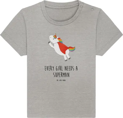 Produktbild von Mr. & Mrs. Panda Babyshirt Einhorn Super 12. - 18. Monat - Heather Grey - Geschenk,  T-Shirt, Baby Baumwollshirt, Unicorn, Traummann, Organic Shirt, Superheld