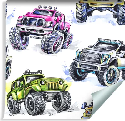 Zdjęcie produktu dla Tapeta Dekoracja Ścienna Dla Dzieci MONSTER TRUCK Kolorowe Samochody z efektem 3D