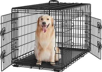 Produktbild von Hundekäfig 107 x 60 x 66 cm klappbar mit Trennwand, 2 Türen, Hundebox für zuhause mit ausziehbare Bodenschale, Transportkäfig Auto, Hundetransportbox Drahtkäfig für Hunde Welpe, XL, Schwarz