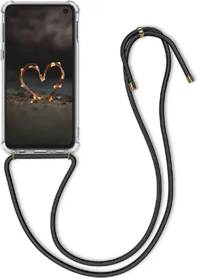 A clear phone case with a lanyard attached.
