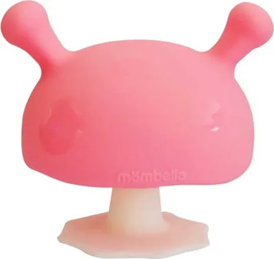 A pink mushroom-shaped teether for babies.