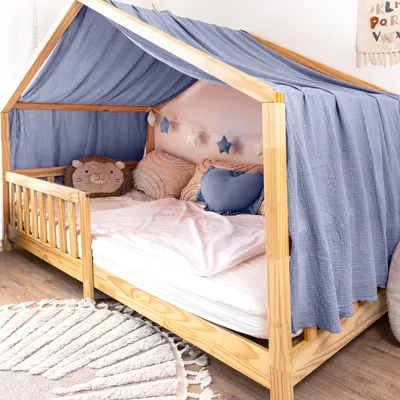 Image de Ciel de lit cabane 135x320 cm bleu avec application dorée - 1 pan de tissu